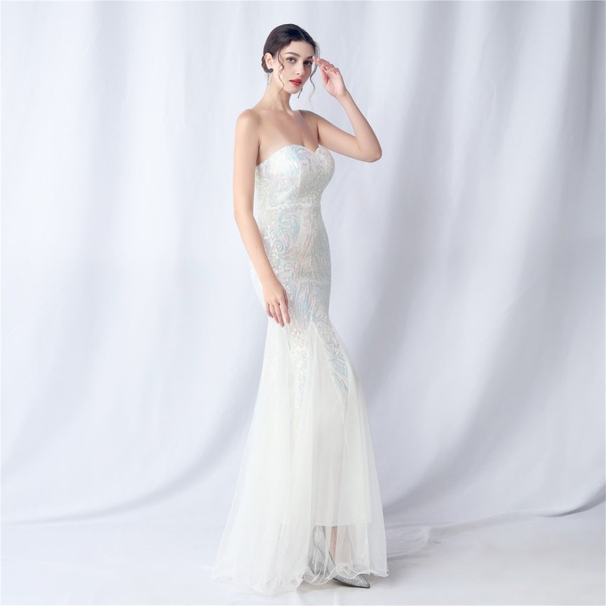 Strapless Sequins Frills Evening Gown (White) (Made To Order)