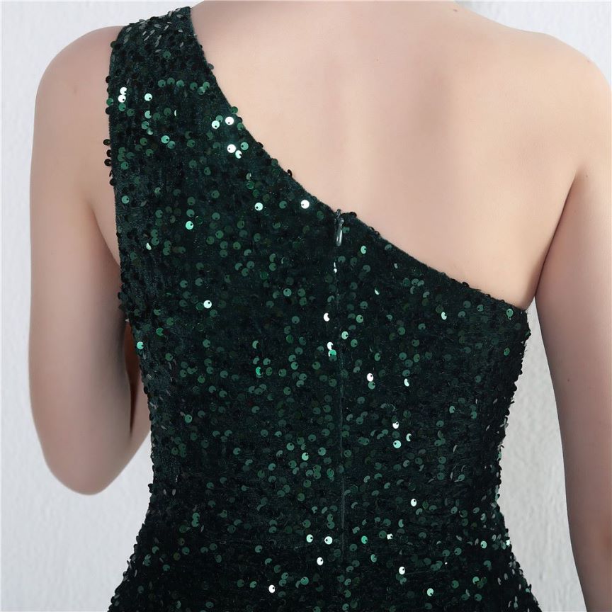 One Side Shoulder Sequins with Overlap Slit Evening Gowns (Green) (Made To Order)