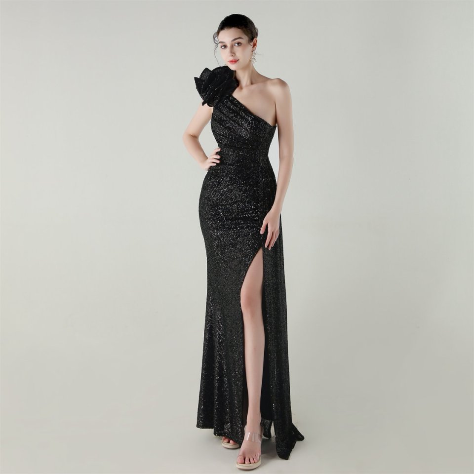 Gorgeous One Side Shoulder Pleated Sequins Evening Gown (Black) (Made To Order)