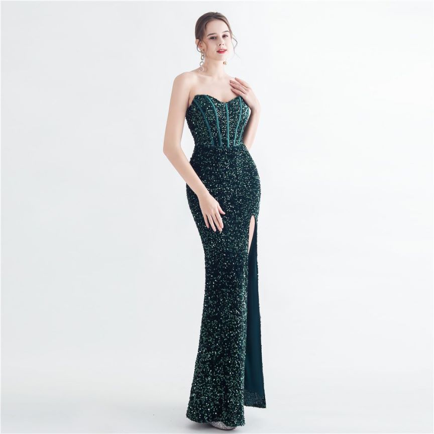 Strapless Corset Sequins with High Slit (Green) (Made To Order)