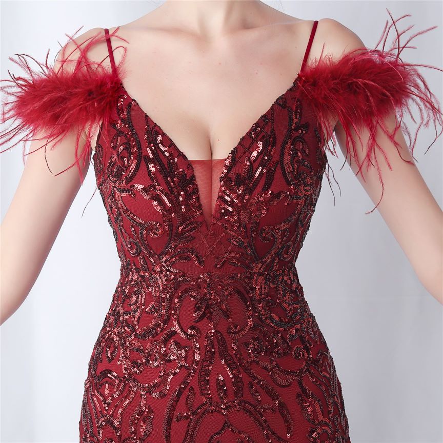 Cold Shoulder Feather Sequins Evening Gown (Burgundy) (Made To Order)