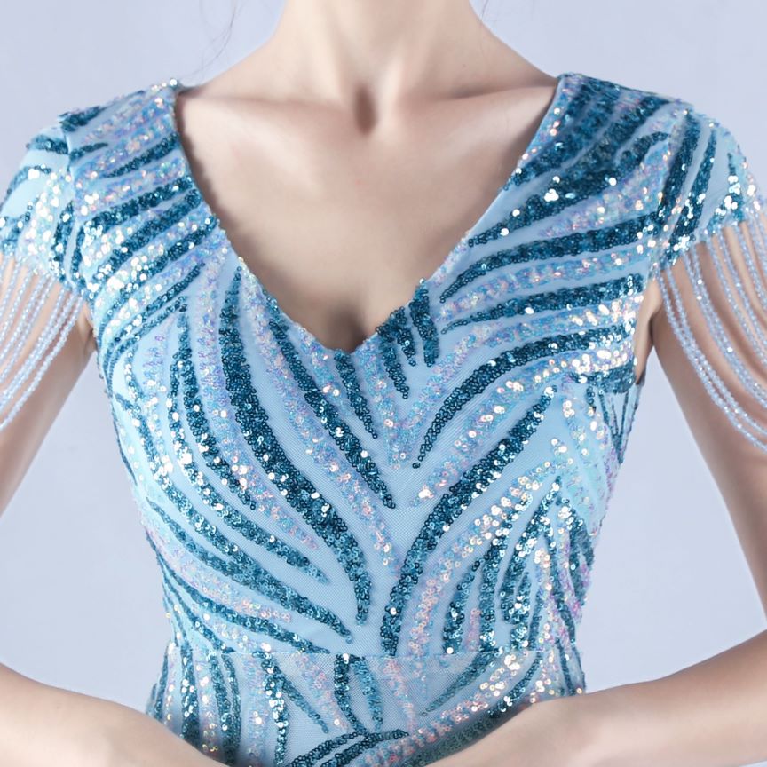 Sleeve Beads Sequins with A Line Evening Gown (Light Blue) (Made To Order)
