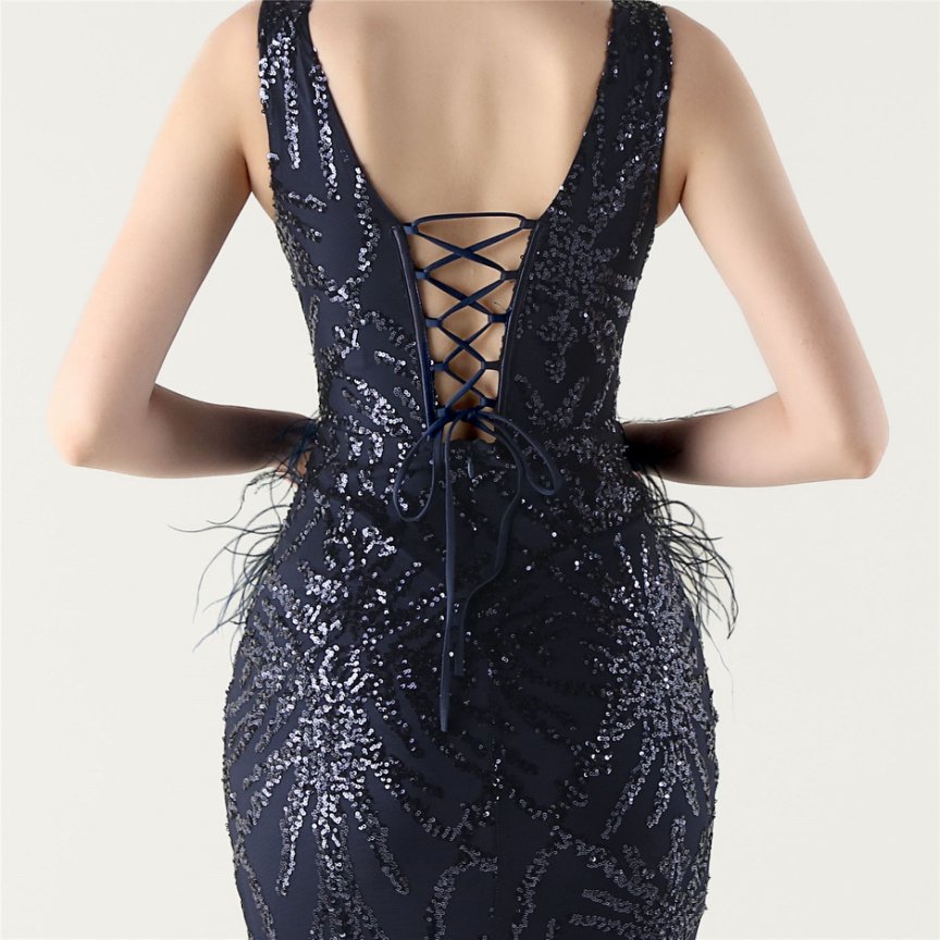 Glamour Sequin Feather Waist Evening Gown (Navy Blue) (Made To Order)