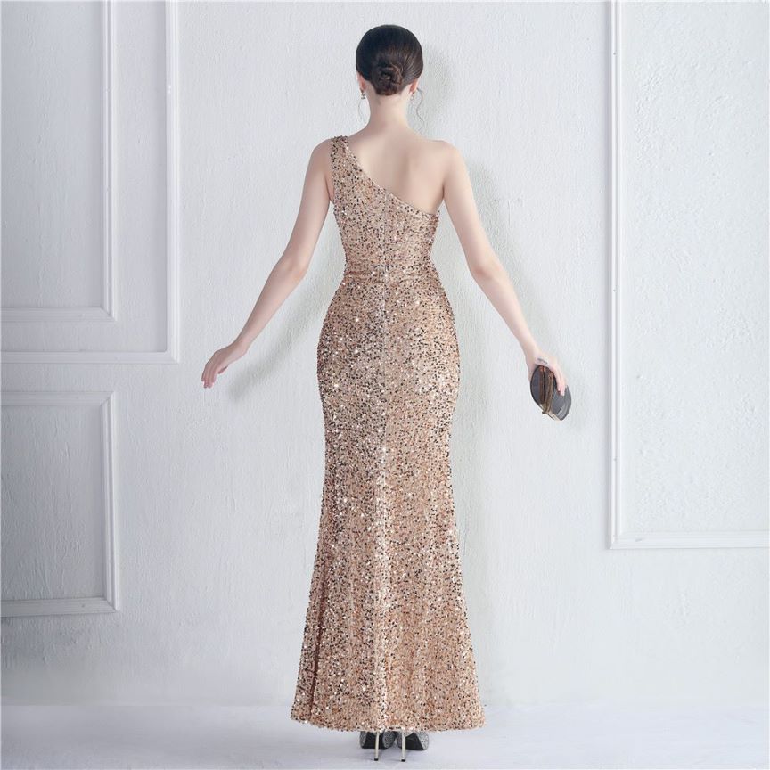 One Side Shoulder Sequins with Overlap Slit Evening Gowns (Gold) (Made To Order)