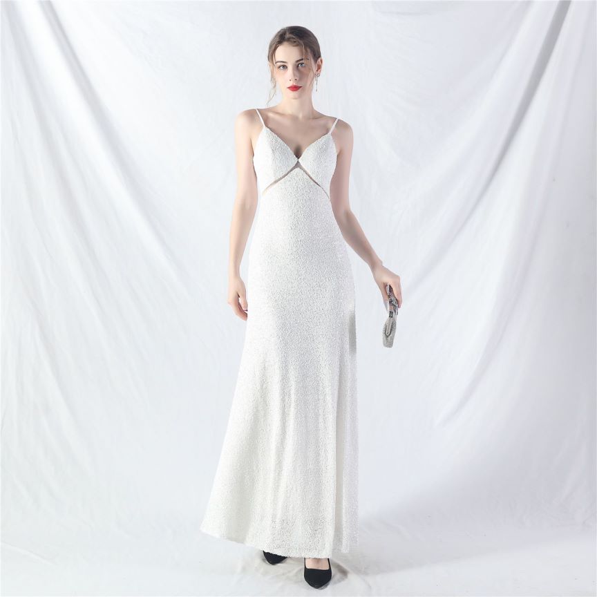Elegant Stretch Spaghetti Sequins A-Line Evening Gown (White) (Made To Order)