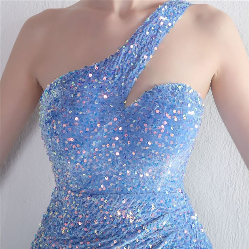 One Side Shoulder Sequins with Overlap Slit Evening Gowns (Sky Blue) (Made To Order)