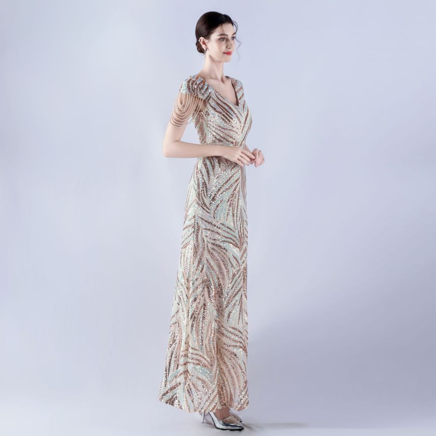 Sleeve Beads Sequins with A Line Evening Gown (Gold) (Made To Order)