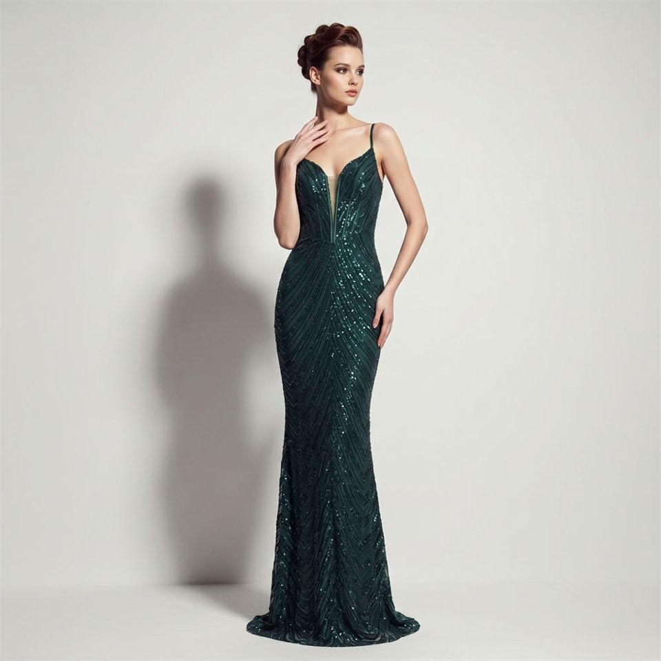 Deep V-Neck Sequin Evening Dress (Green) (Retail)