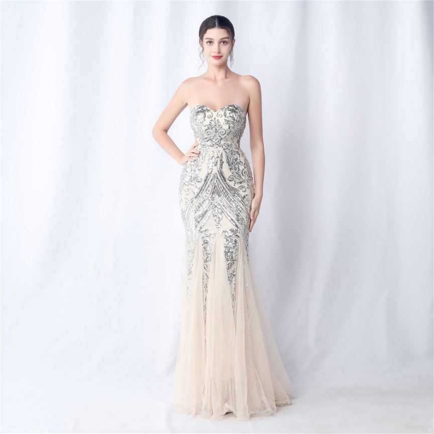 Strapless Sequins Frills Evening Gown (Silver) (Made To Order)
