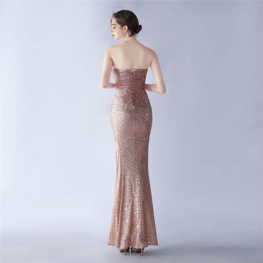 Strapless Sequins Bodyfit with Slit Evening Gown (Rosegold) (Made To Order)