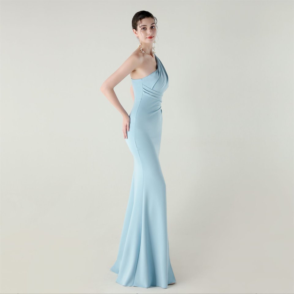 One Side Shoulder Pleated Evening Gown (Light Blue) (Made To Order)