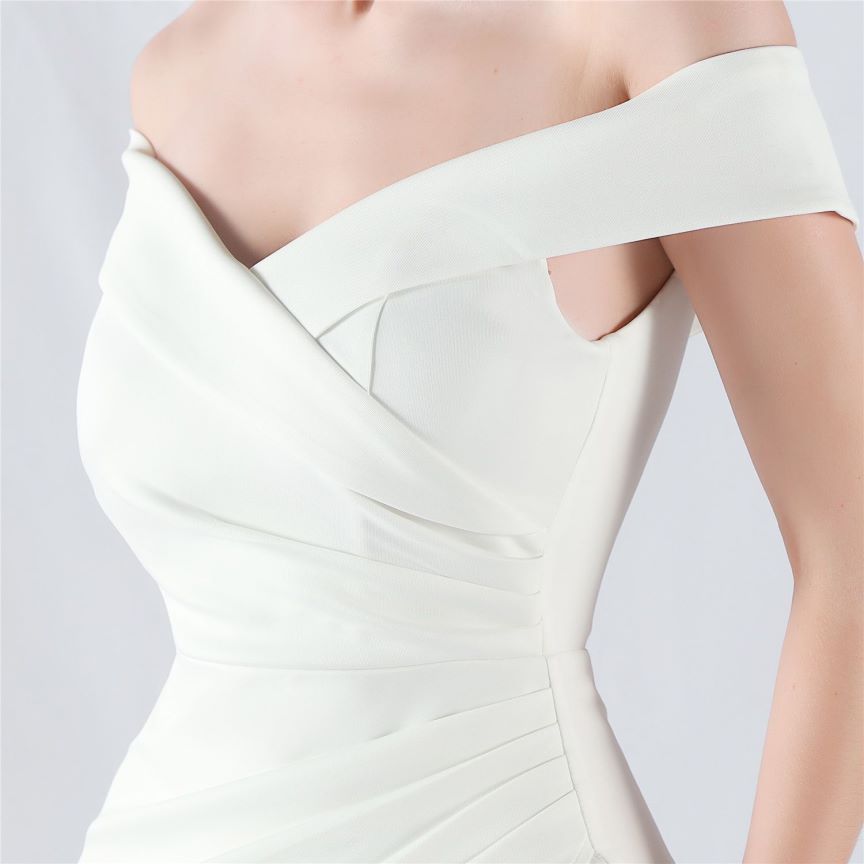 Pleated Off Shoulder Slim Evening Dress (White) (Made To Order)