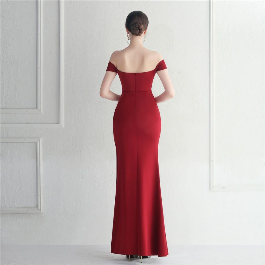 Off Shoulder Fitted with Overlap Slit Evening Gown (Maroon) (Made To Order)