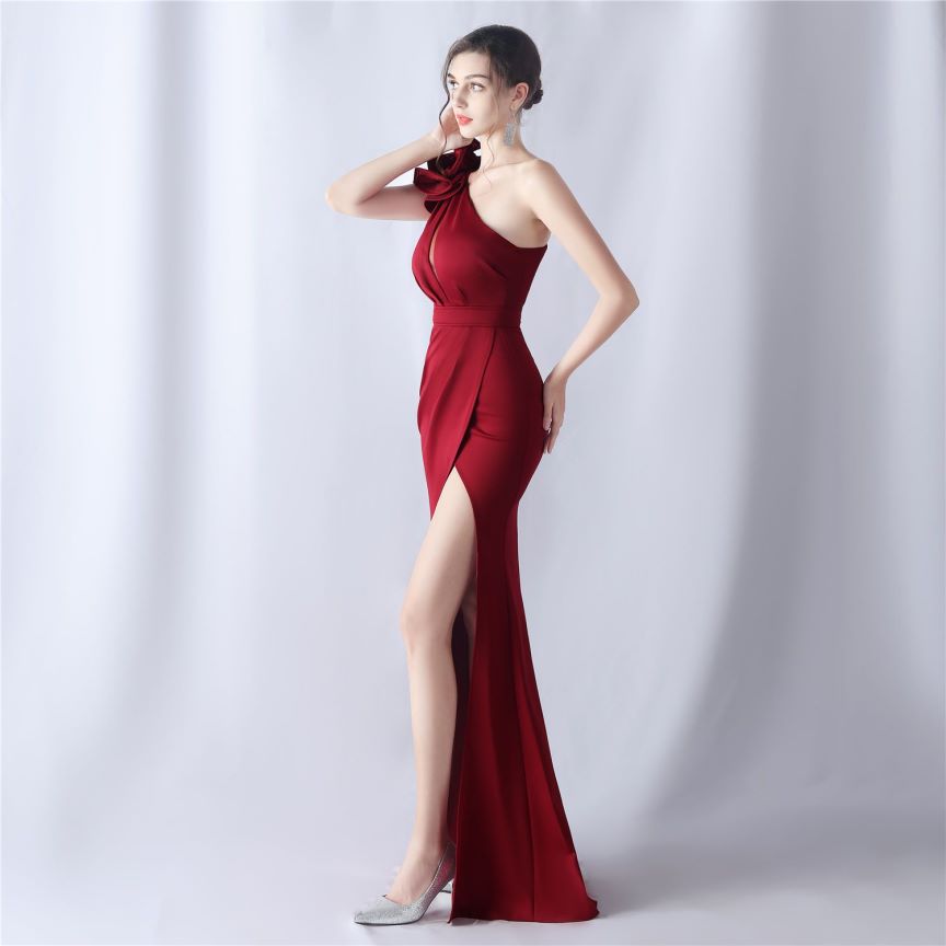 Glamorous One Side Shoulder with Overlap Slit Evening Dress (Maroon) (Made To Order)