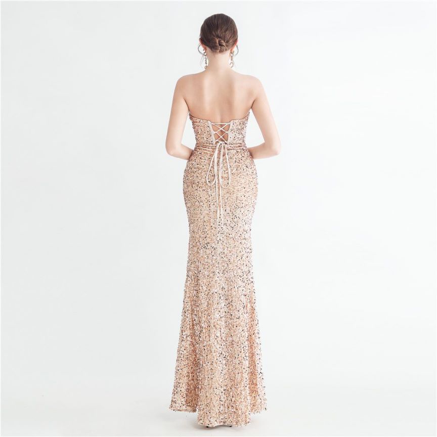 Strapless Corset Sequins with High Slit (Gold) (Made To Order)