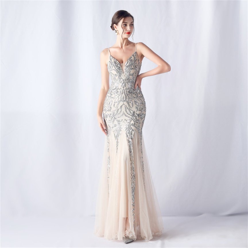 Spaghetti Sequins White Gown with Tulle Skirt Evening Gown (Black) (Silver)