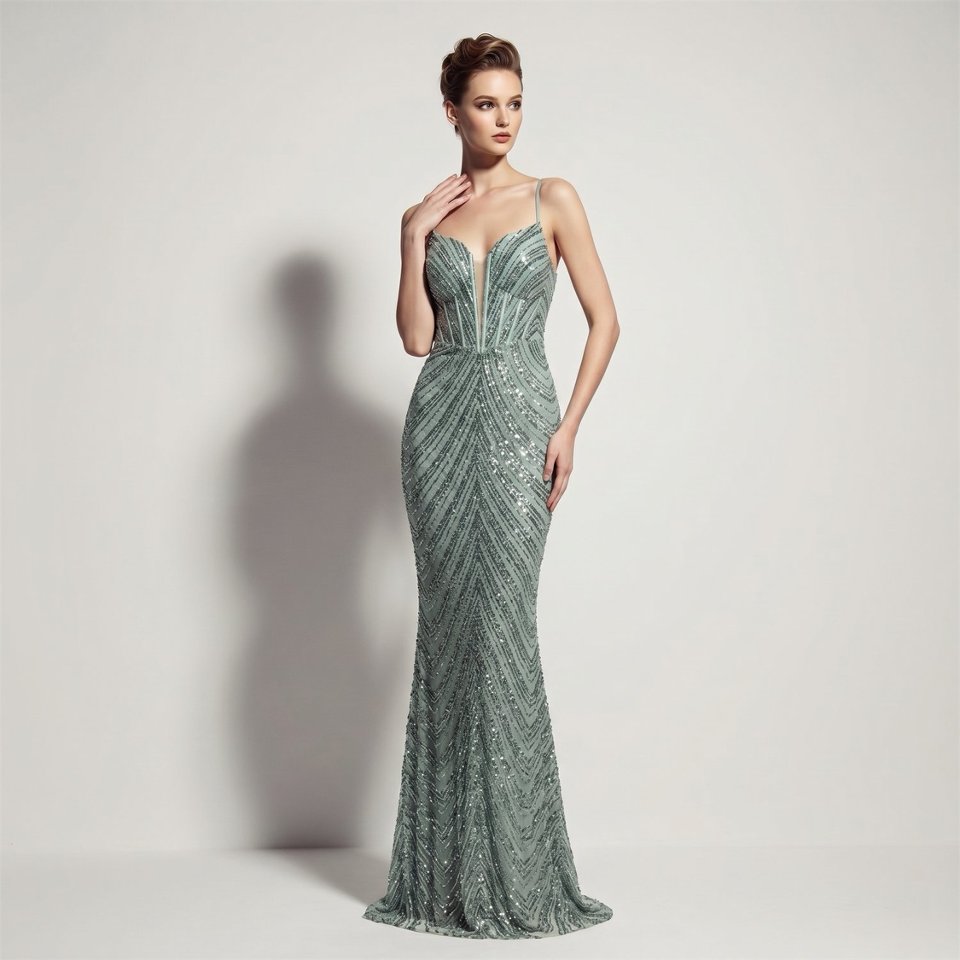 Deep V-Neck Sequin Evening Dress (Lake) (Made To Order)