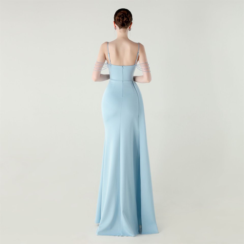 Crystal Beads Spaghetti Pleated Waist Evening Gown (Light Blue) (Retail)
