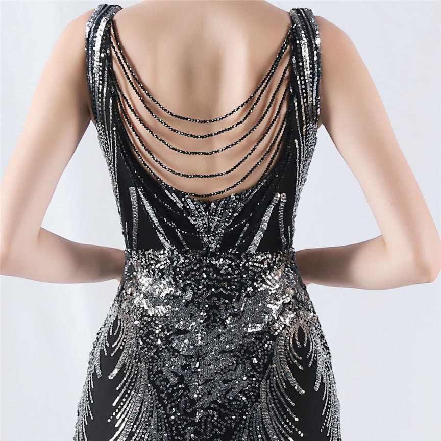 Gorgeous Back Crystal Beads Sequins Mermaid Cape Skirt Gown (Black Silver) (Made To Order)