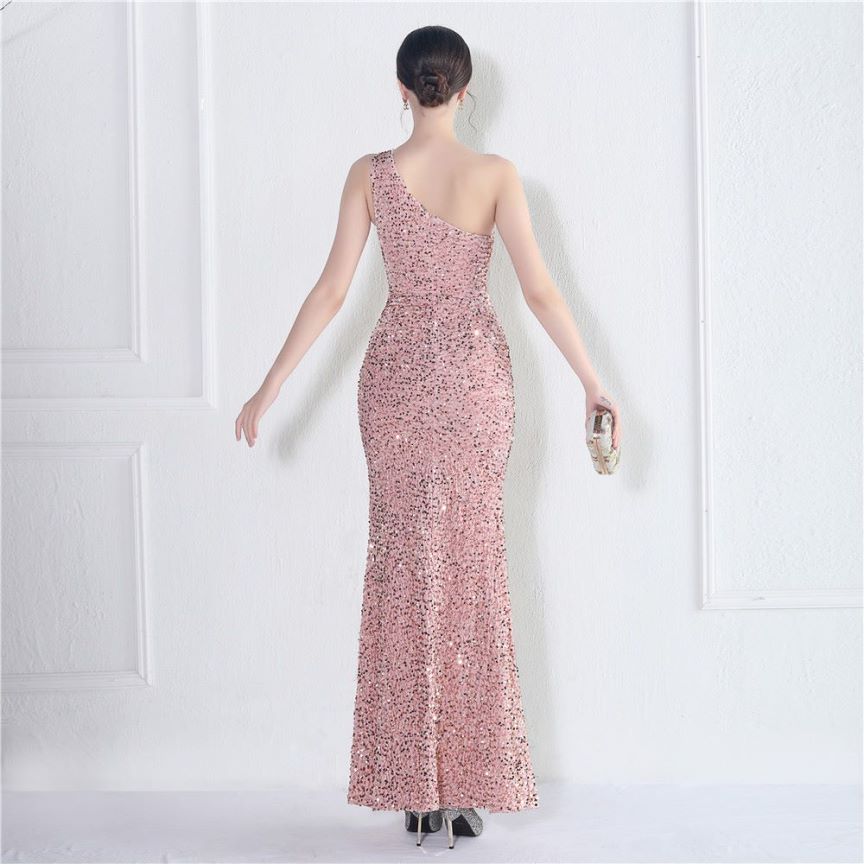 One Side Shoulder Sequins with Overlap Slit Evening Gowns (Pink) (Made To Order)