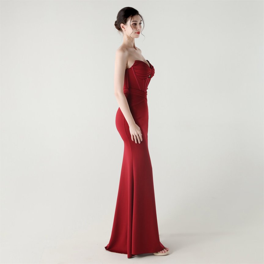 Strapless Pleated Corset Evening Gown (Maroon) (Made To Order)