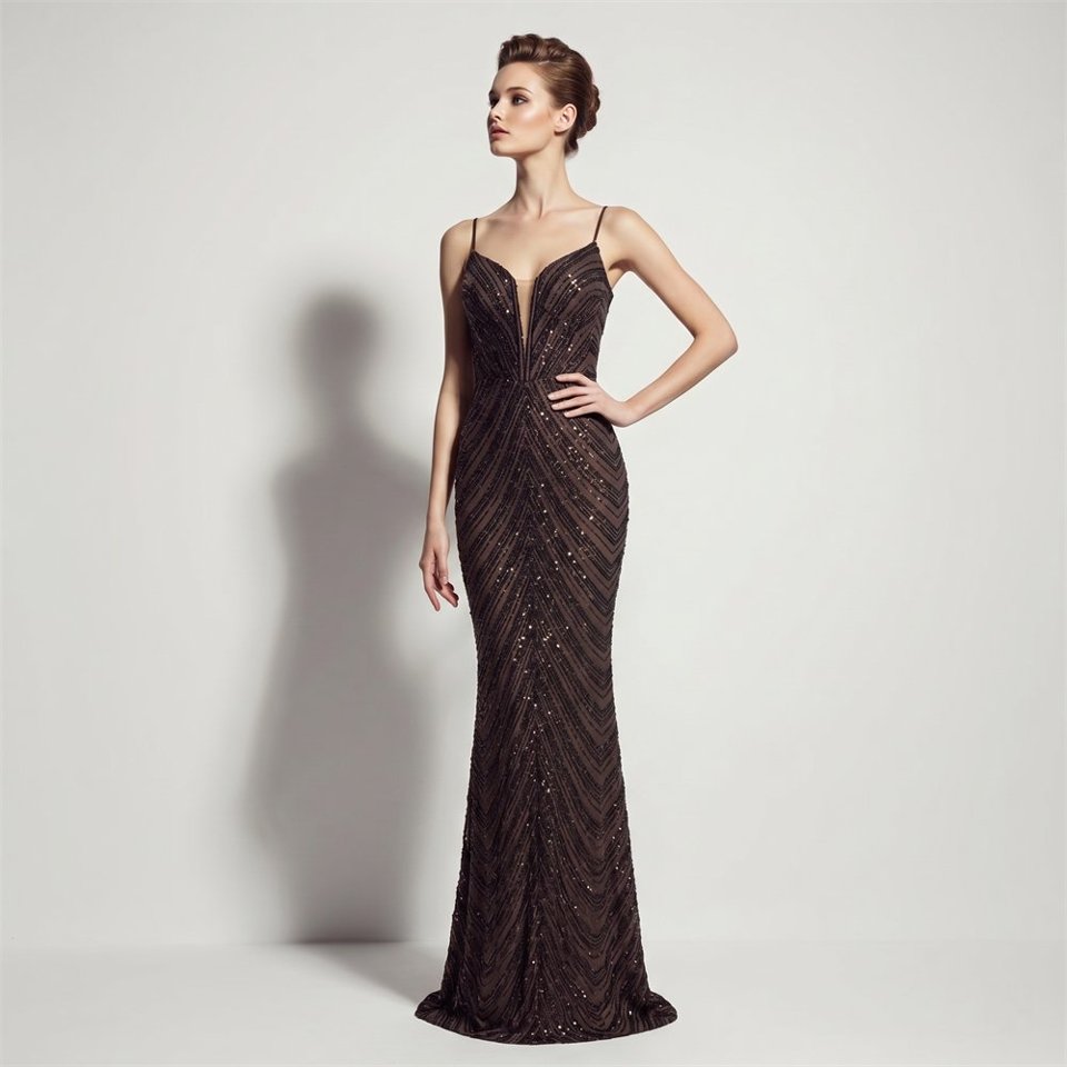 Deep V-Neck Sequin Evening Dress (Coffee) (Made To Order)