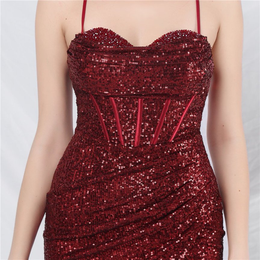 Sequins Back Cross with Overlap Slit Evening Gown (Maroon) (Made To Order)