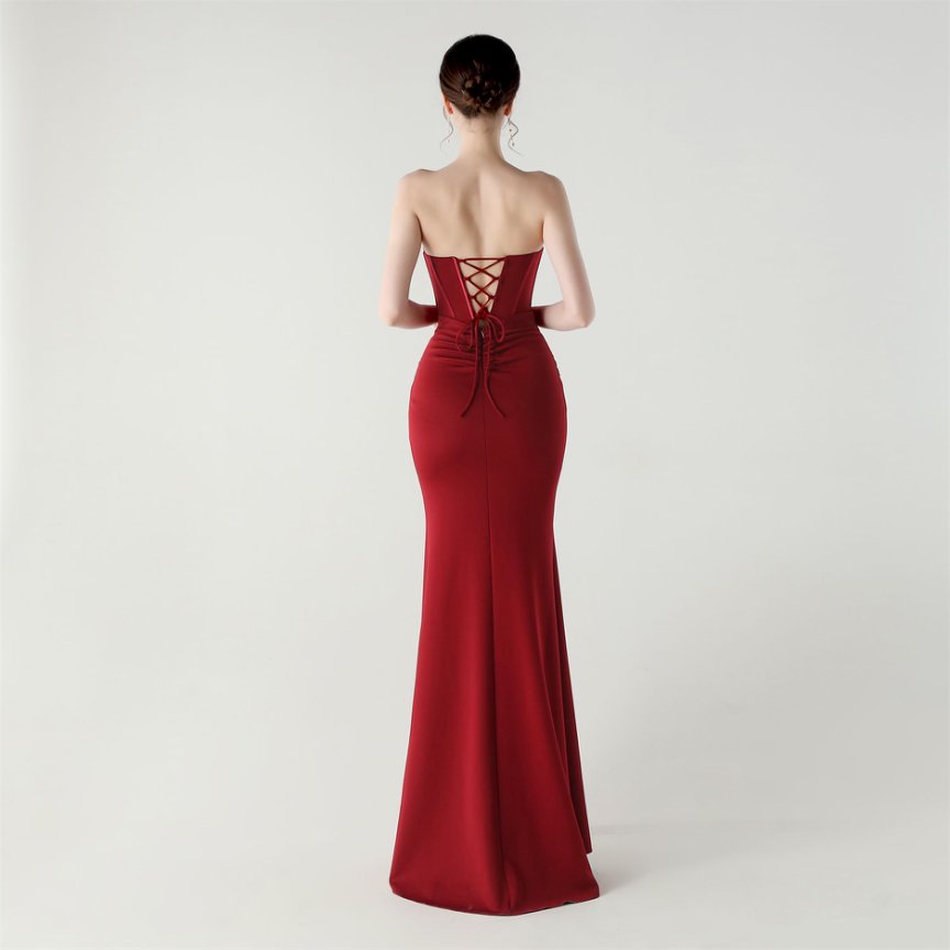 Strapless Pleated Corset Evening Gown (Maroon) (Made To Order)