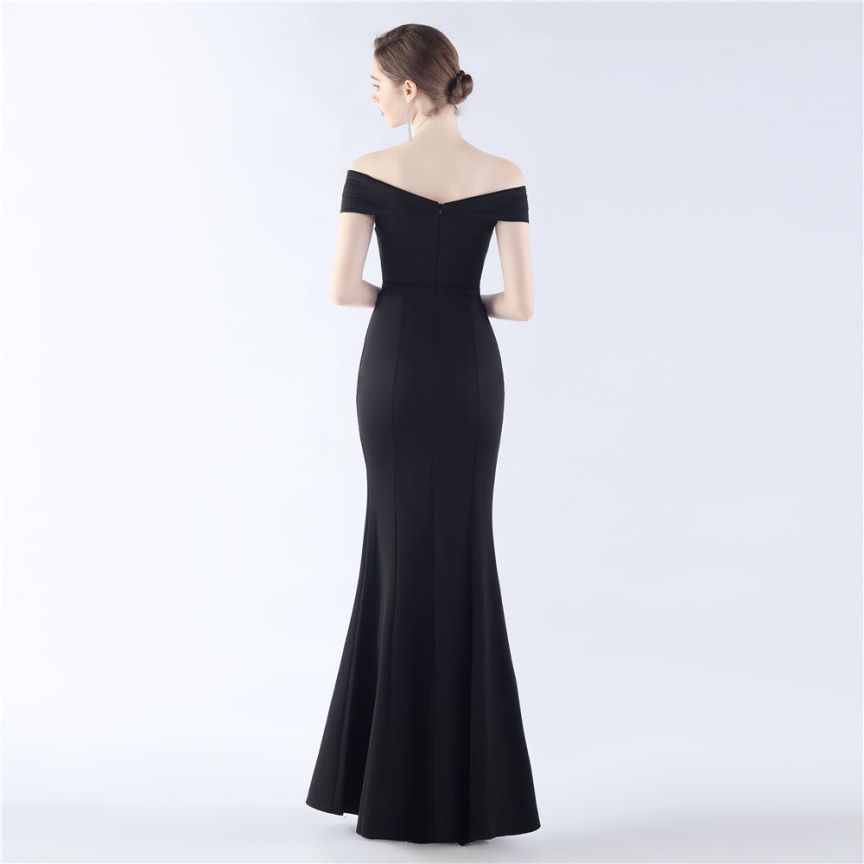 Off Shoulder Ruffles With Split Slit Evening Gown (Black) (Made To Order)