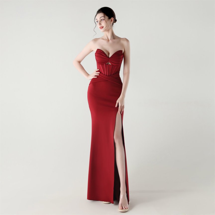 Strapless Pleated Corset Evening Gown (Maroon) (Made To Order)