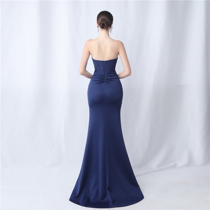 Strapless Solid Sexy Evening Gown (Navy Blue) (Made To Order)