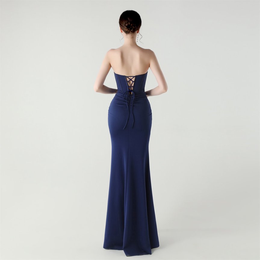 Strapless Rhine Stones Pleated Corset Evening Gown (Navy Blue) (Made To Order)