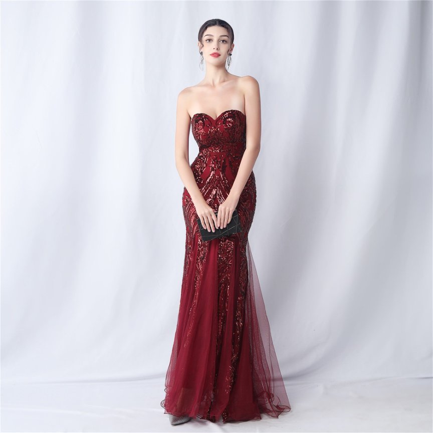 Strapless Sequins Frills Evening Gown (Maroon) (Made To Order)