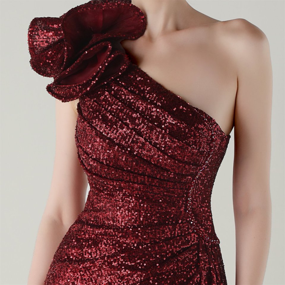 Gorgeous One Side Shoulder Pleated Sequins Evening Gown (Red) (Made To Order)