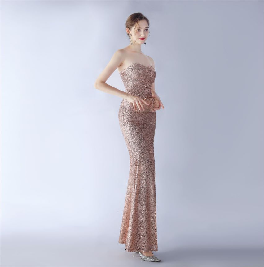 Strapless Sequins Bodyfit with Slit Evening Gown (Rosegold) (Made To Order)