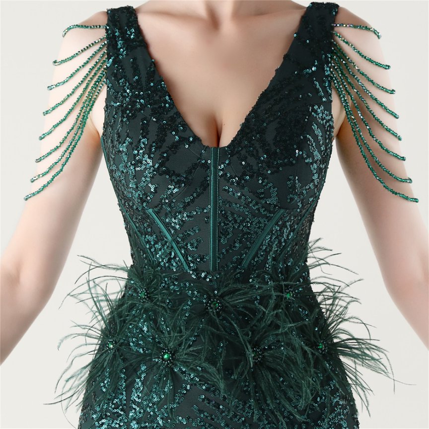Glamour Sequin Feather Waist & Beaded Shoulder Chains Evening Gown (Green) (Made To Order)