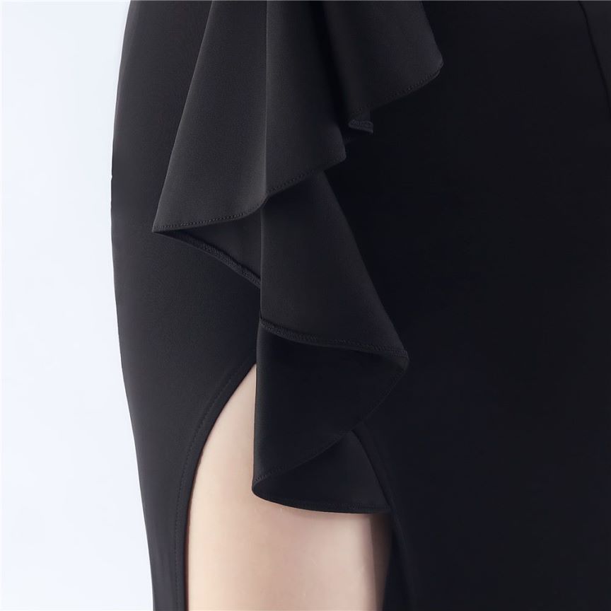 Off Shoulder Ruffles With Split Slit Evening Gown (Black) (Made To Order)