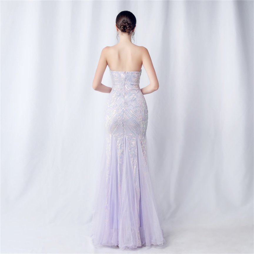 Strapless Sequins Frills Evening Gown (Lavender) (Made To Order)