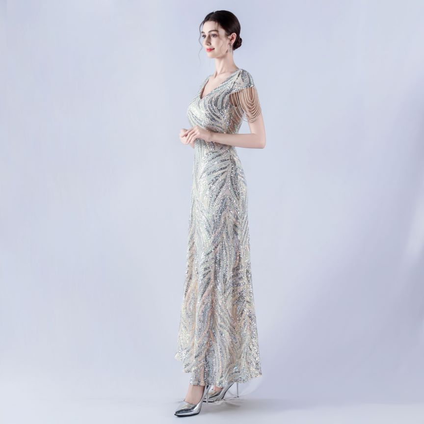 Sleeve Beads Sequins with A Line Evening Gown (Silver) (Made To Order)