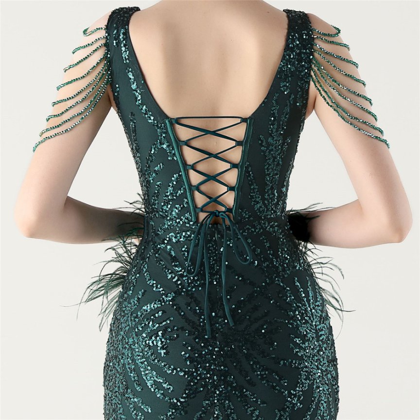 Glamour Sequin Feather Waist & Beaded Shoulder Chains Evening Gown (Green) (Made To Order)