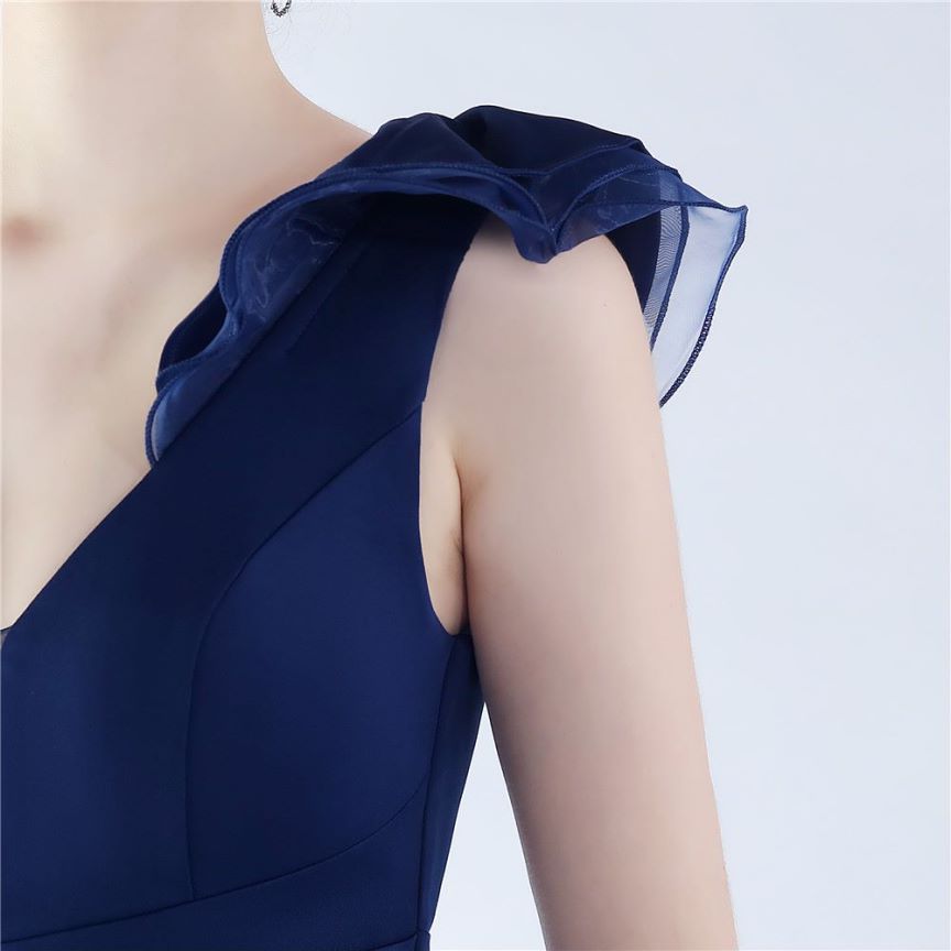 Ruffles Shoulder With Low Back Fitted Evening Gown (Navy Blue) (Made To Order)
