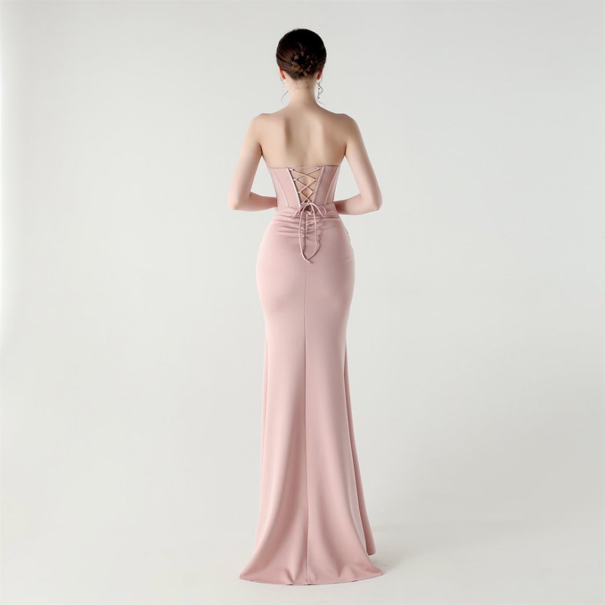 Strapless Rhine Stones Pleated Corset Evening Gown (Pink) (Made To Order)