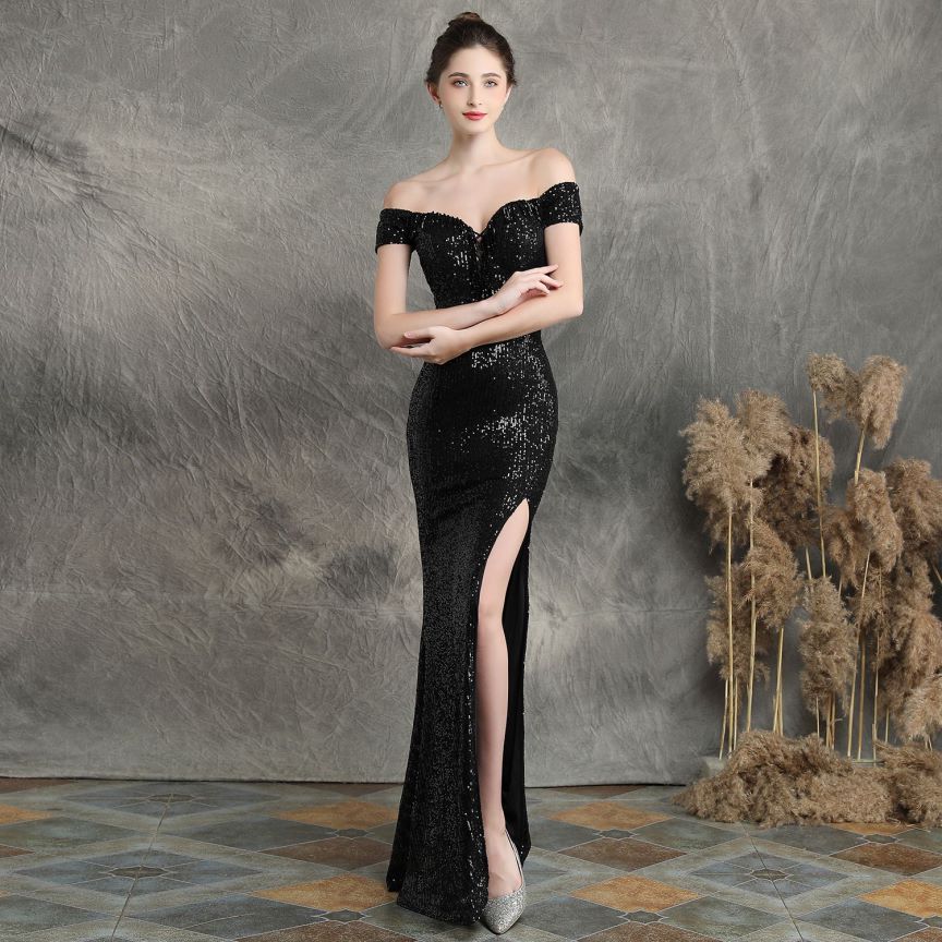 Off Shoulder Sequins With High Slit Evening Gown (Black) (Made To Order)