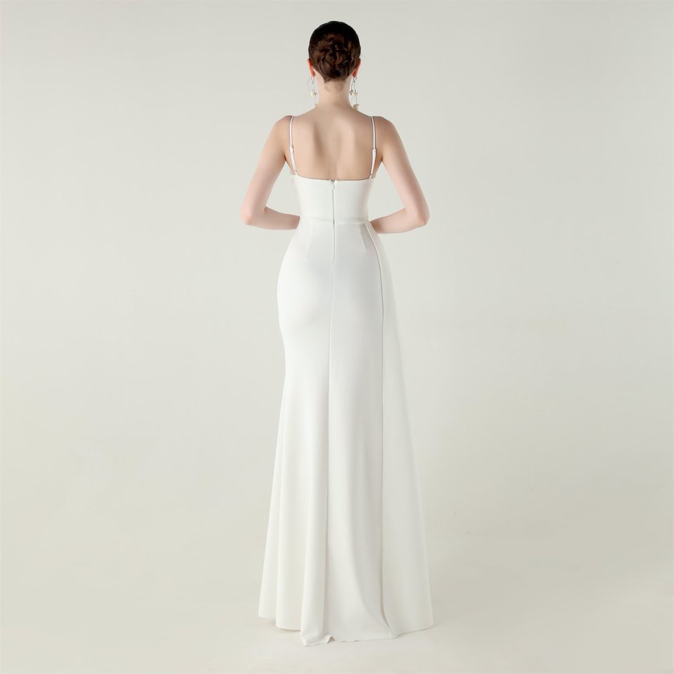 Spaghetti Pleated Waist Evening Gown (White) (Made To Order)