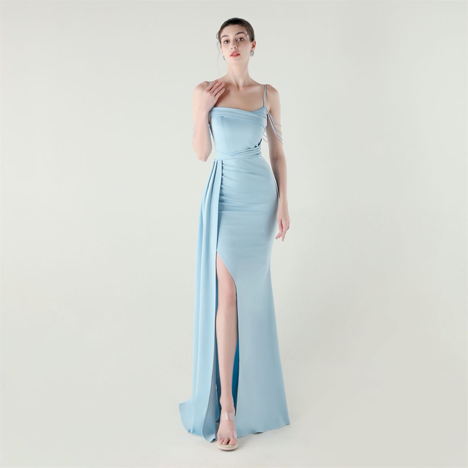 Crystal Beads Spaghetti Pleated Waist Evening Gown (Light Blue) (Retail)