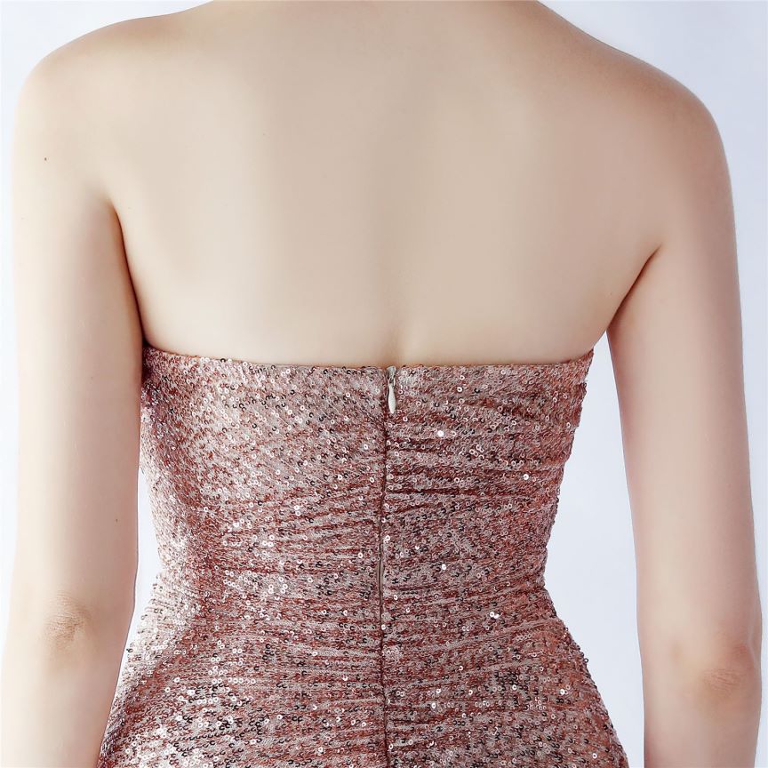 Strapless Sequins Bodyfit with Slit Evening Gown (Rosegold) (Made To Order)