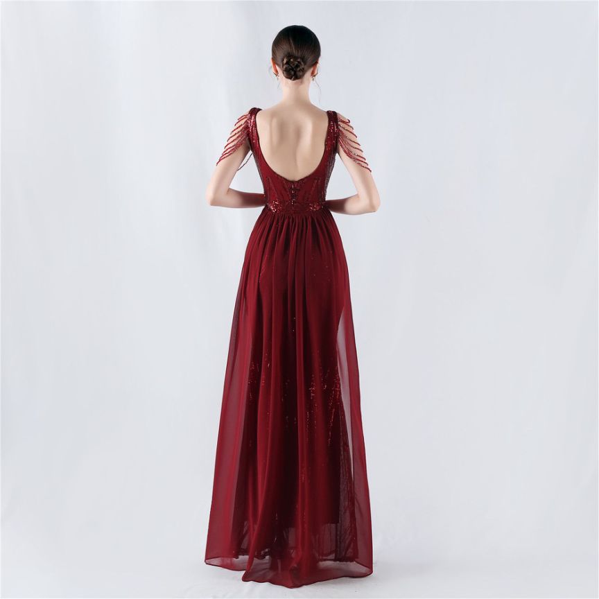 Elegant Crystal Beads Sequins Mermaid Cape Skirt Gown (Burgundy) (Made To Order)