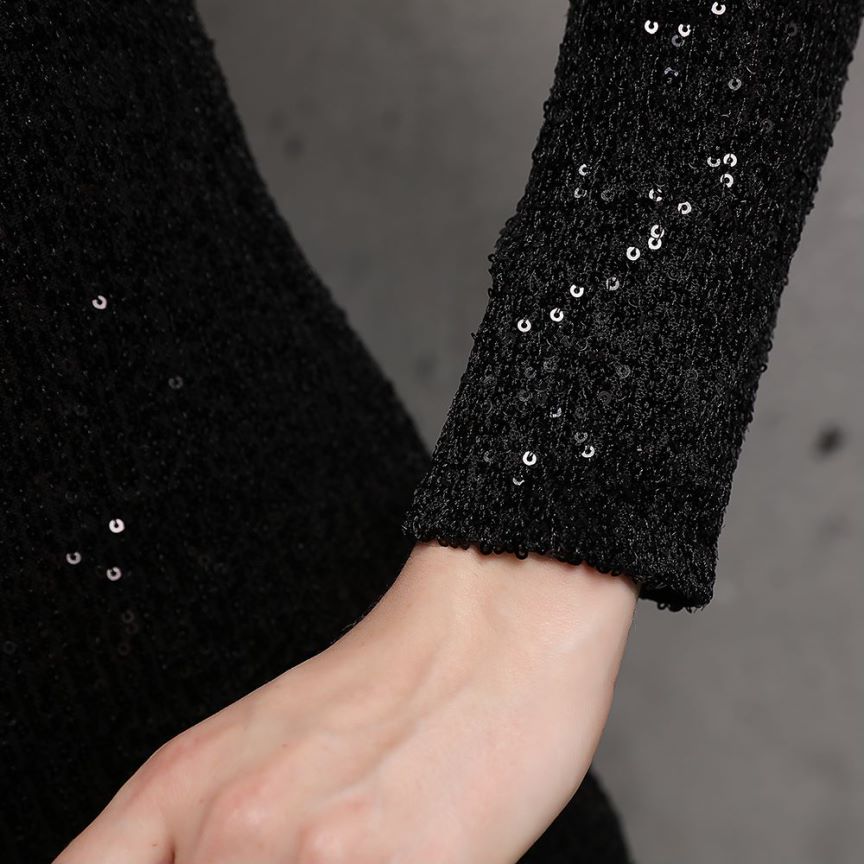 One Side Long Sleeve Sequins Midi Dress (Black) (Retail)