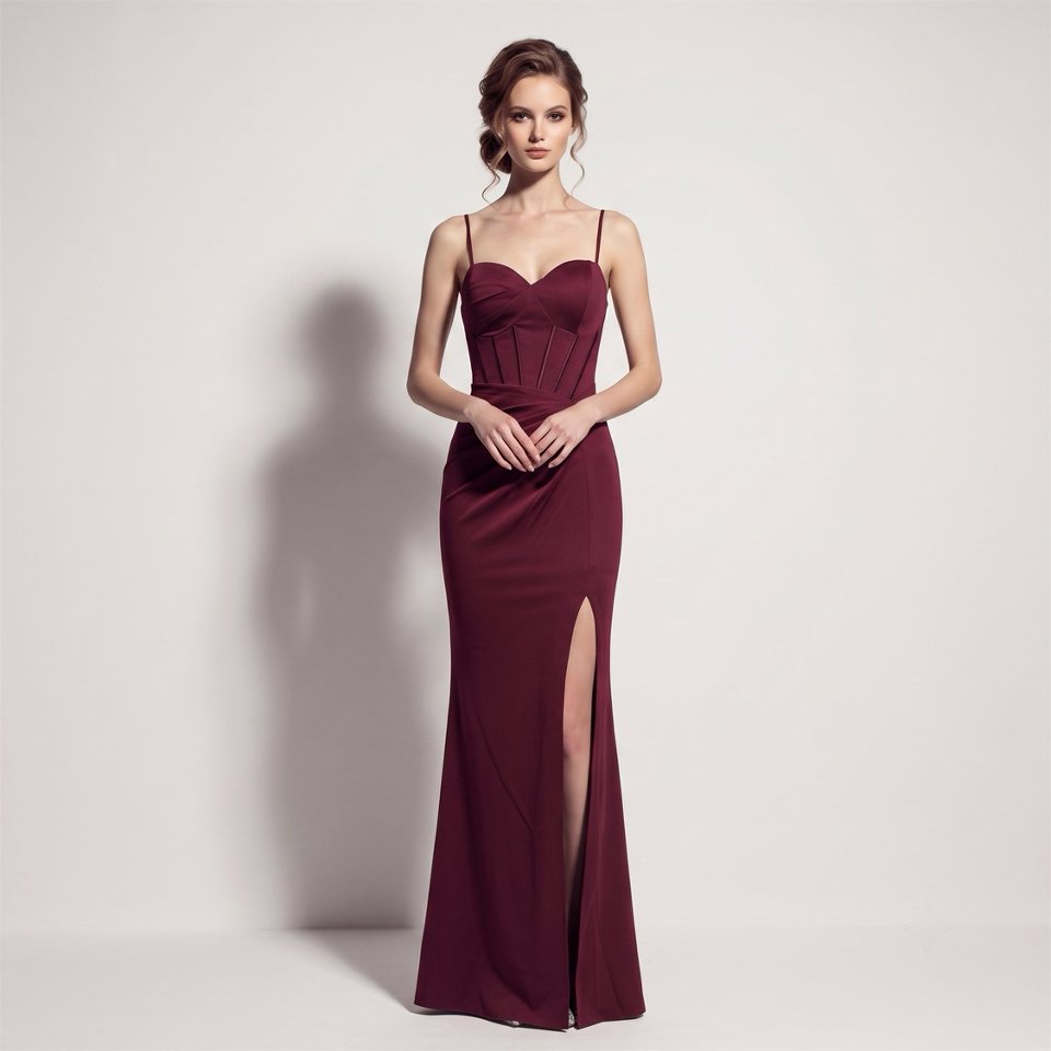 Spaghetti Ruched Corset Slit Evening Gown (Maroon) (Made To Order)