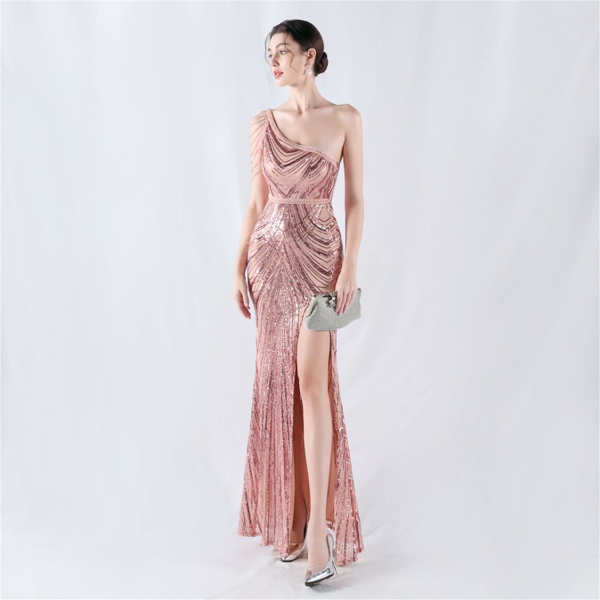 Gorgeous One Side Shoulder With Crystal Beads Evening Gown (Pink) (Retail)